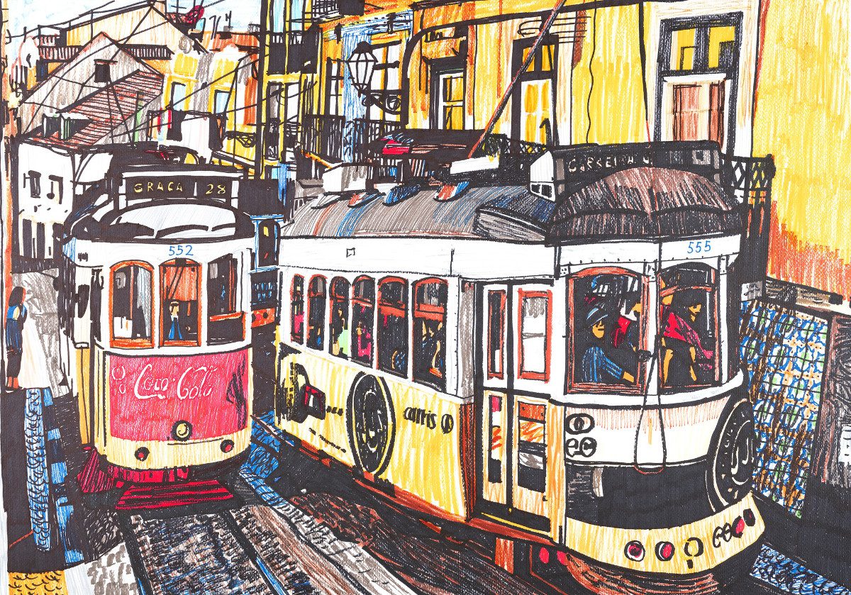 Lizbona, akryl na papierze, 100x70cm, 2024