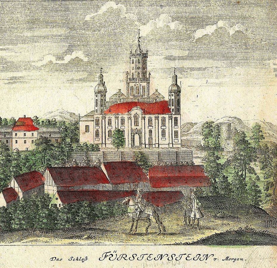 Zamek Książ w 1738 roku, rycina rysunku Friedricha Bernharda Wernera, fot. Wikipedia