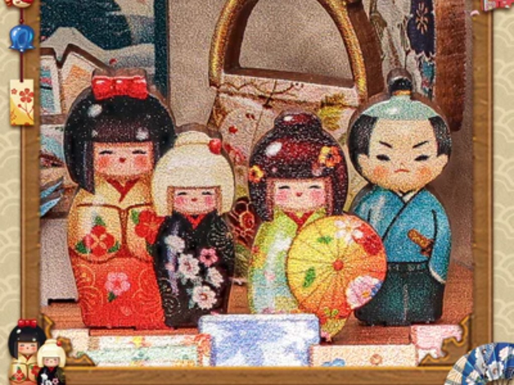 Lalki kokeshi w miniaturowym sklepiku
